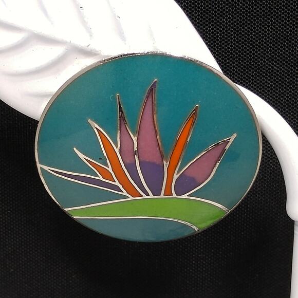 Vintage Laurel Burch Bird of Paradise Post Earrings, Silver Tone Cloisonné - Picture 2 of 10
